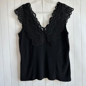White House Black Market size XL jersey tank top black lace overlay v-neck